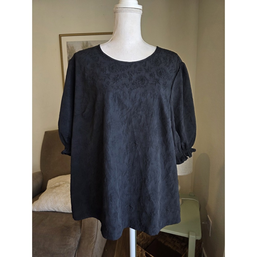 Ted Baker Blouse Size XXL Black Business Top Puff Sleeve Modest Textured